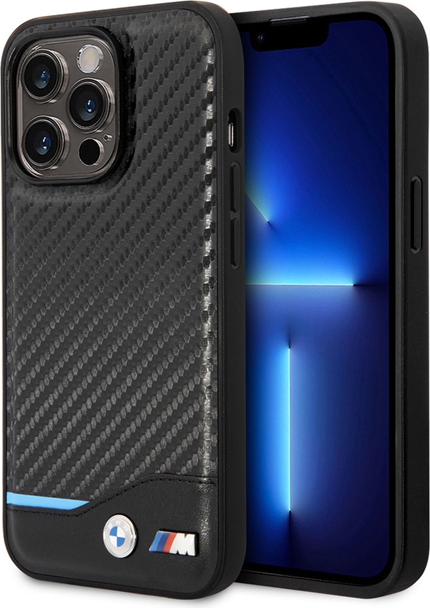 Backcase hoesje geschikt voor iPhone 14 Pro - BMW - Effen Zwart - Leer