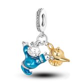 Bedel voor o.a. Pandora Armband | Aladdin | Lachende Genie en Lamp | Hangbedel Charm | Geest | 925 Sterling Zilver | Zirkonia | Emaille | Blauw | Goudkleurig | Armband Kraal | Kerstcadeau | Sinterklaas Cadeau