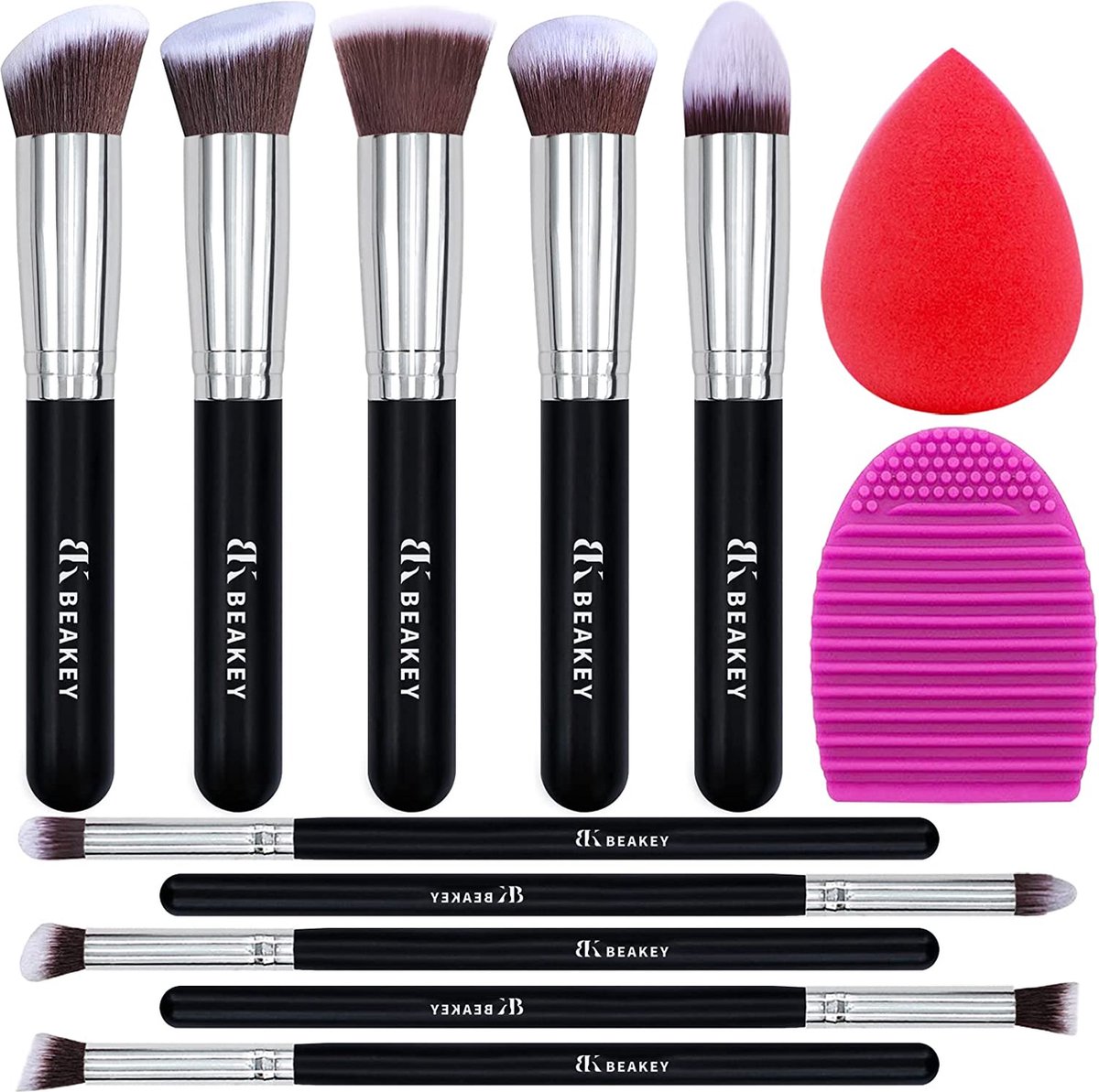 BEAKEY Makeup Brush Set Premium Synthetic Kabuki Foundation Face Powder Blush Eyeshadow Brushes Makeup Brush Kit met Blender Spons en Brush Egg (10 + 2 stuks, Zwart/Zilver)