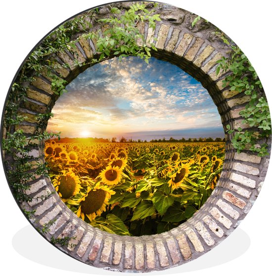 WallCircle - Wandcirkel - Muurcirkel - Zonnebloemen - Doorkijk - Bloemen - Zon - Aluminium - Dibond - ⌀ 140 cm - Binnen en Buiten