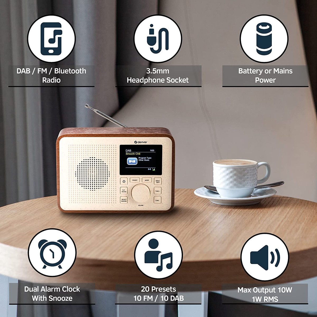 Denver Dab Radio Retro Radio Bluetooth Snooze / Slaap functie 20...
