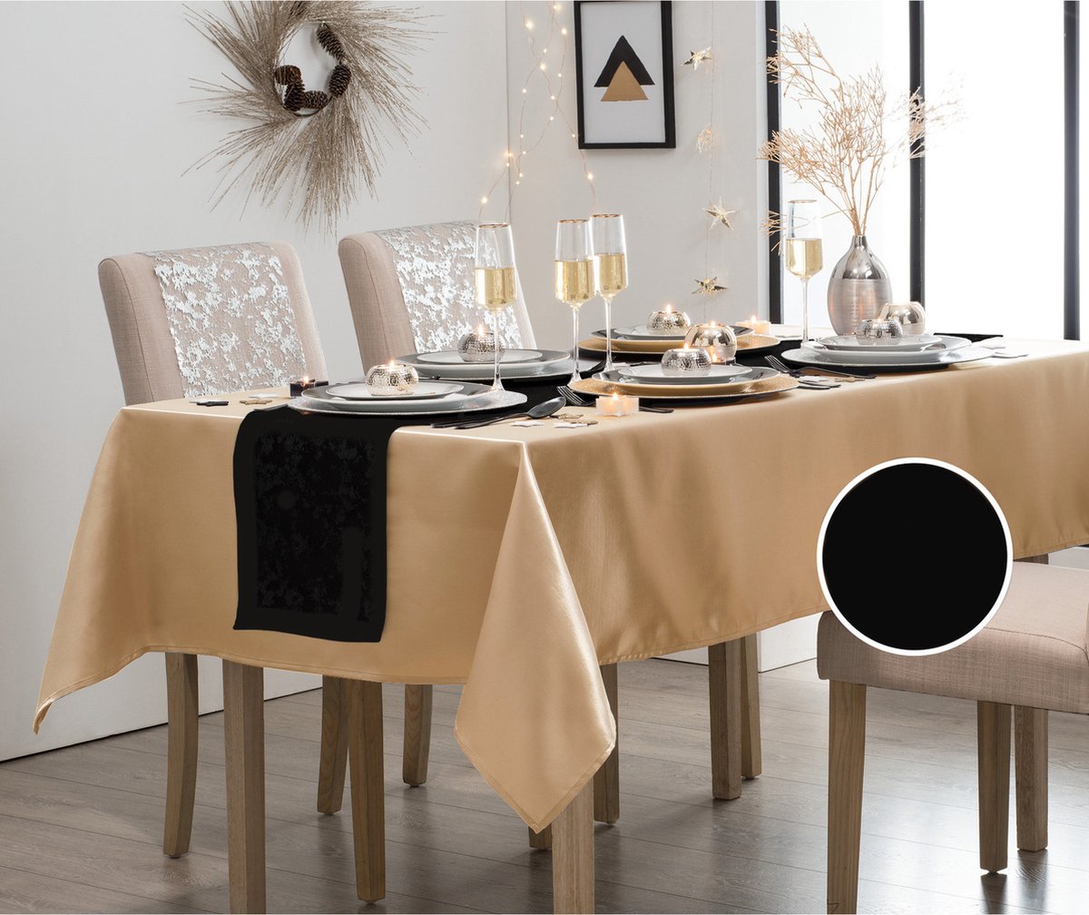 Atmosphera Tafelkleed/tafellaken goud polyester 140 x 240 cm met tafelloper zwart