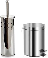 Berilo - Toiletborstel houder zilver rvs 38 cm met pedaalemmer 5 liter