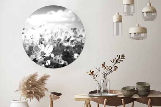 WallCircle - Cercle mural - Cercle mural - Fleurs - Prairie - Violet - Herbe - Wit - Nuages ​​- Blauw - Aluminium - Dibond - ⌀ 140 cm - Intérieur et Extérieur