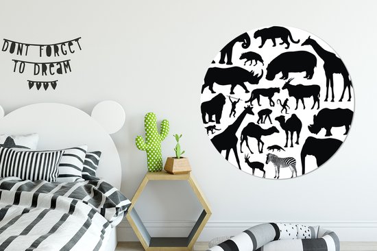 Une illustration en silhouette des Big Five et d'autres animaux Assiette en plastique cercle mural Ø 150 cm XXL / Groot format!