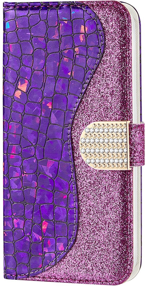 Peachy Glitter krokodil kunstleer glitters hoesje geschikt voor iPhone 13 mini - paars