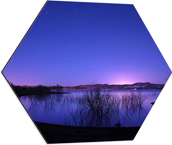 WallClassics - Dibond Hexagon - Meer in de Nacht bij Paars met Blauwe Lucht - 60x52.2 cm Foto op Hexagon (Met Ophangsysteem)