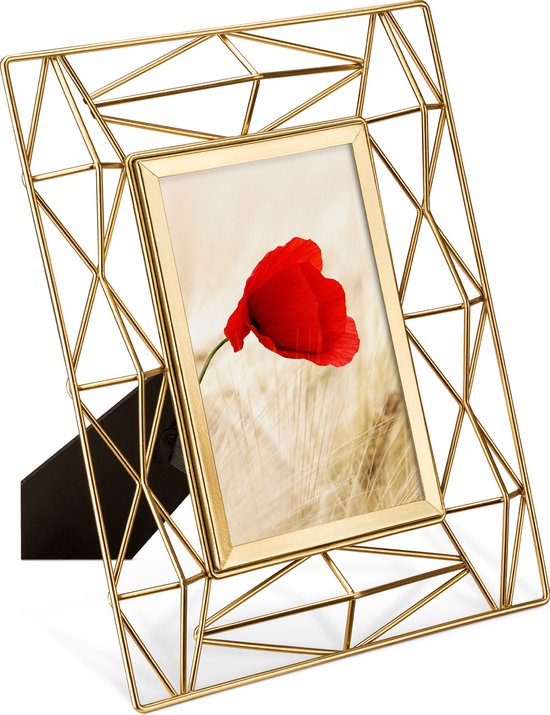 Navaris cadre photo sur pied design fil métallique - Pour photos 13 x 18 cm - Cadre photo rectangulaire en verre et métal pour bureau ou table - Doré