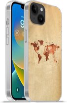 Geschikt voorApple Iphone 14 Plus - Soft case hoesje - Wereldkaart - Hart - Bruin - Siliconen Telefoonhoesje