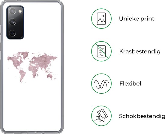 Coque Samsung Galaxy S20 FE - Wereldkaart - Rose - Wit - Coque de téléphone en Siliconen