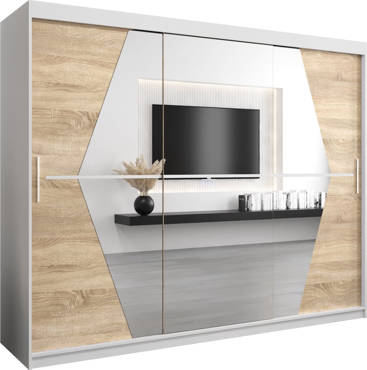 InspireME Kledingkast met 3 schuifdeuren, Modern-stijl, Een kledingkast met planken en een spiegel (BxHxD): 250x200x62 - BOLA 250 Wit Mat + Sonoma Eik met 4 lades