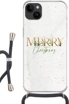 Geschikt voorApple Iphone 14 Plus - Crossbody Case - Kerst - Quotes - Merry Christmas - Spreuken - Goud - Siliconen - Crossbody - Backcover met Koord - Telefoonhoesje met koord - Hoesje met touw