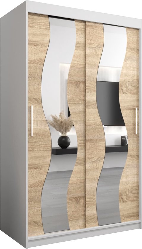 InspireMe - Kledingkast met 2 schuifdeuren, Modern-stijl, Een kledingkast met planken en een spiegel (BxHxD): 120x200x62 - REESE 120 Wit Mat + Sonoma Eik met 2 lades
