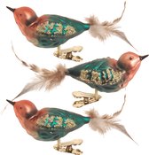 3x stuks luxe glazen decoratie vogels op clip groen/bruin 11 cm - Decoratievogeltjes - Kerstboomversiering