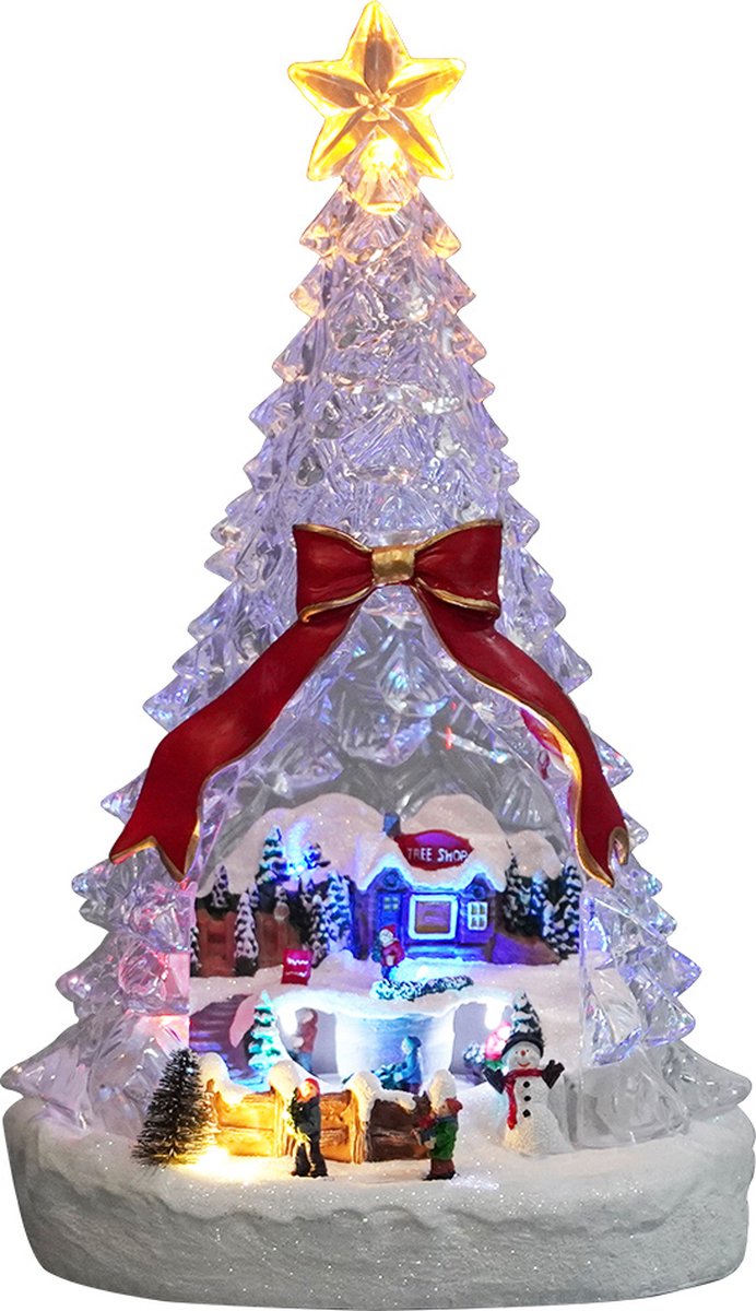 Kristmar Lichtgevend kerstboom beeldje – LED boom met verlichting en beweging – Leuke toevoeging voor het kerstdorp – geanimeerd kersthuisje – Incl. adapter – LED – L20xB19xH31.4 cm - Acryl + Polyresin