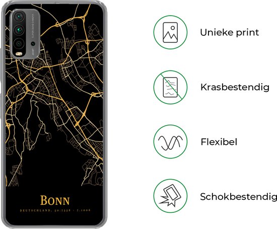 Coque de téléphone noire avec impression de carte dorée de Bonn, Allemagne, à côté d'icônes indiquant des caractéristiques uniques, résistantes aux rayures, flexibles et résistantes aux chocs.