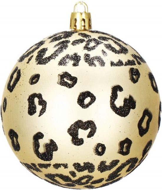 Gouden kerstbal met zwarte luipaardprint.