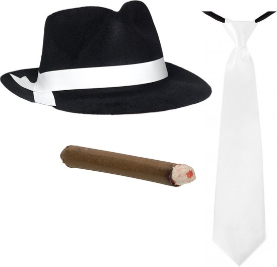 Smiffys - Gangster/Maffia verkleed set - hoed zwart/wit - met witte stropdas - en vette sigaar