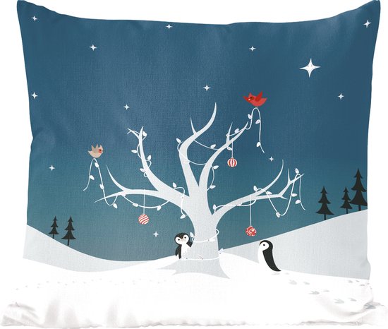Sierkussens - Kussen - Illustratie van twee pinguïns die een kerstboom versieren - 60x60 cm - Kussen van katoen