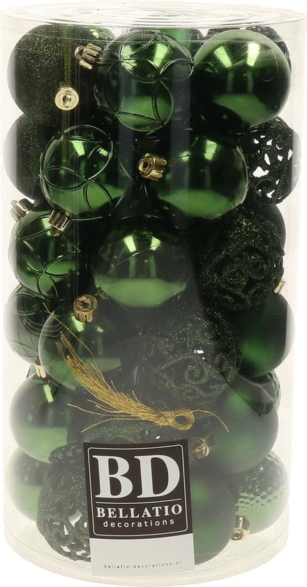 Kerstballen - 74x stuks - donkergroen en lichtbruin - 6 cm - kunststof