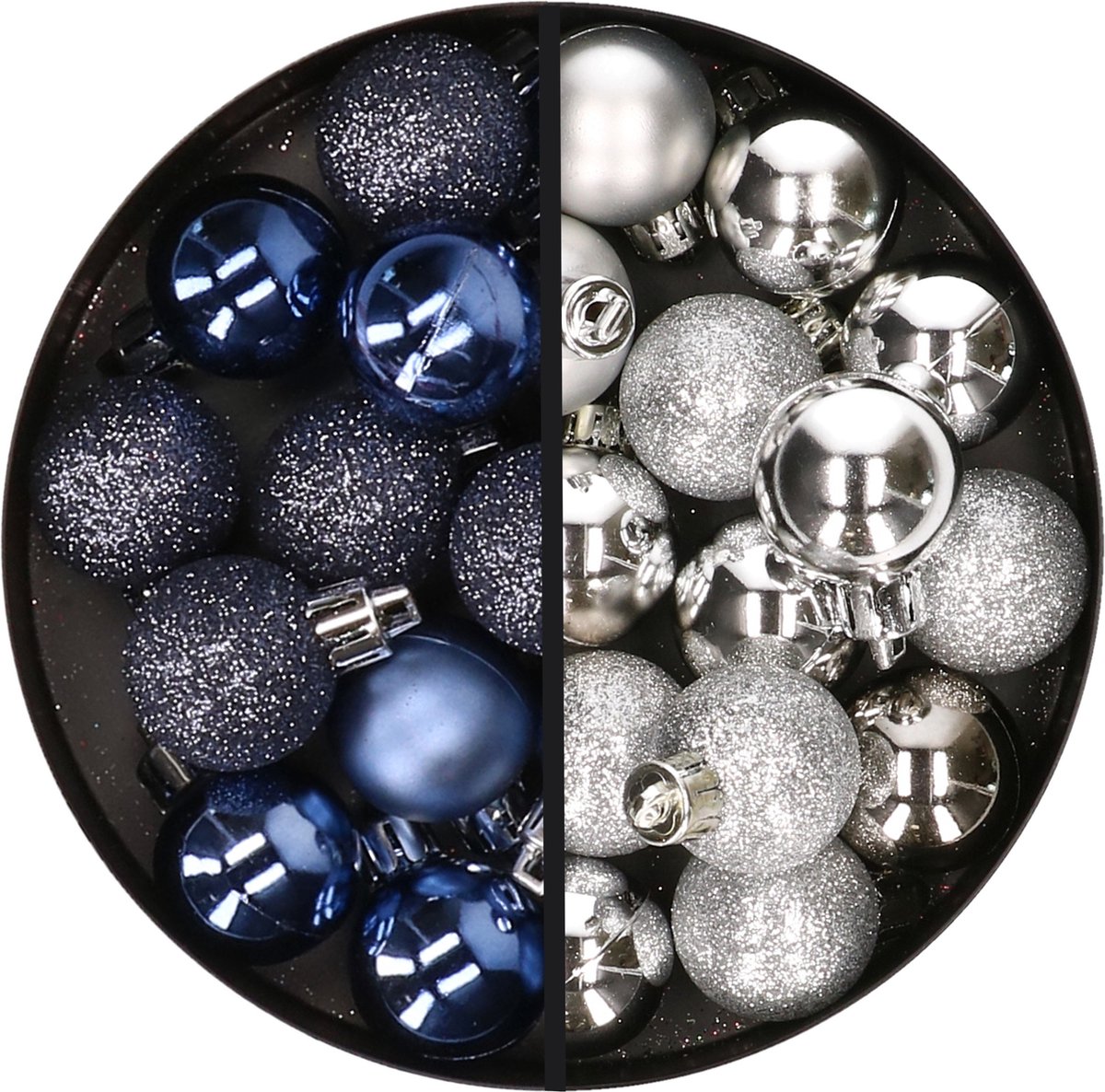 Kerstballen 34x st - 3 cm - donkerblauw en zilver - kunststof