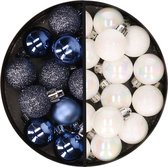 Kerstballen 34x st - 3 cm - donkerblauw en parelmoer wit - kunststof