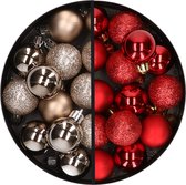 Kerstballen 34x st - 3 cm - champagne en rood - kunststof