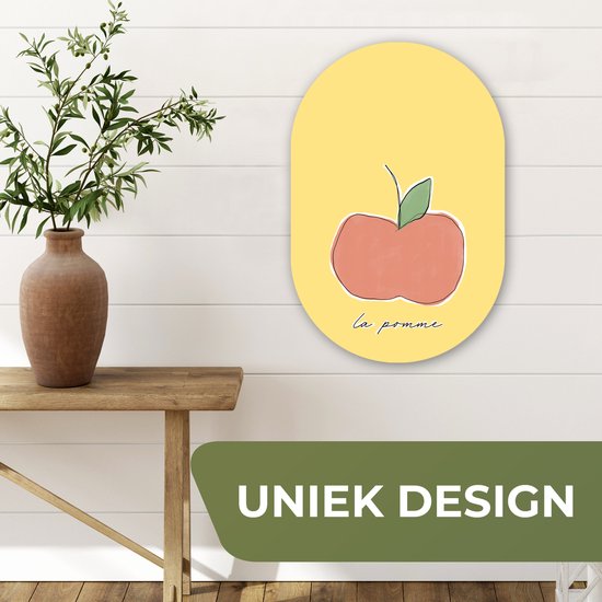 Ovale mural - Décoration murale en plastique - Tableau ovale - Pomme - Fruit - Texte - 40x60 cm - Forme miroir ovale sur plastique