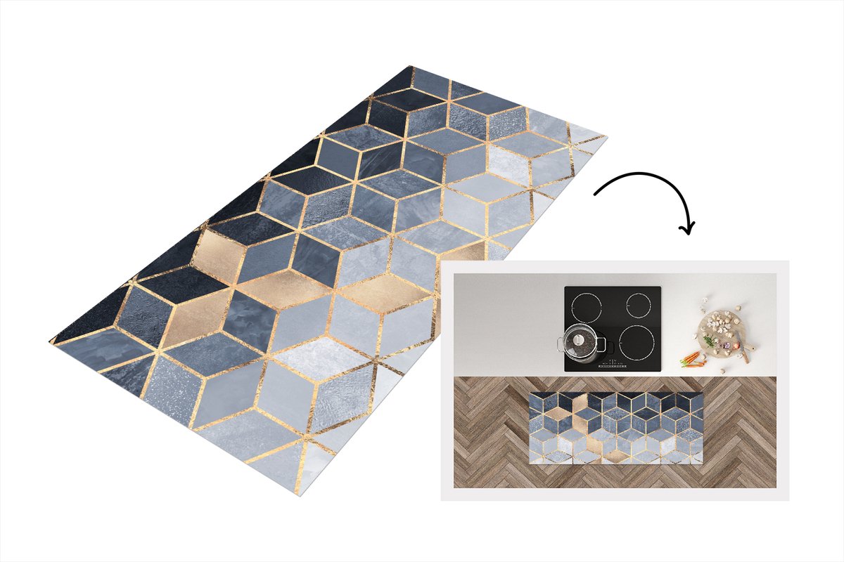 KitchenYeah Keukenloper - Loper keuken - Kubus - Goud - Luxe - Patronen - 120x50 cm - Keukenloper vinyl Multicolor