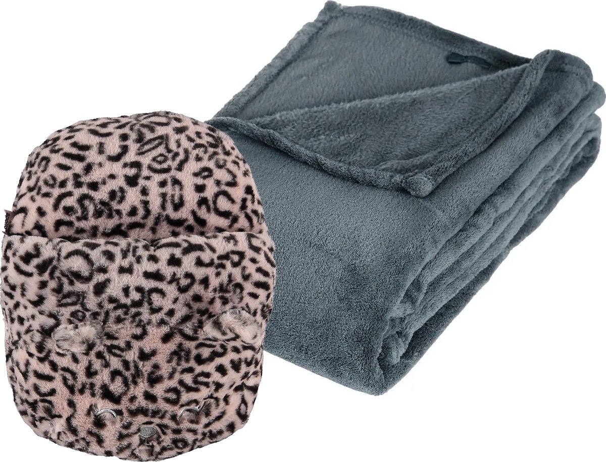 Goedkoopste Apollo - Fleece deken blauwgrijs 125 x 150 cm met voetenwarmer slof cheetah one size