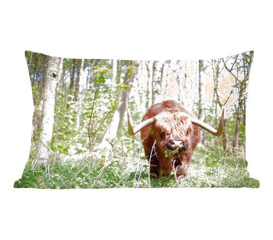 Sierkussen décoratif Highlander Cows pour usage intérieur - Highlander in the forest - 50x30 cm - coussin intérieur rectangulaire en coton