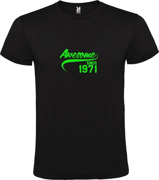 Zwart T-Shirt met “Awesome sinds 1971 “ Afbeelding Neon Groen Size XXL