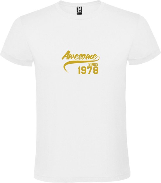 Wit T-Shirt met “Awesome sinds 1978 “ Afbeelding Goud Size S