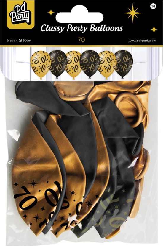 Verpakking met 6 feestballonnen 'Classy Party Balloons 70' in zwart en goudkleurig.