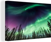 Canvas Schilderij Noorderlicht - Naaldboom - Alaska - 90x60 cm - Wanddecoratie
