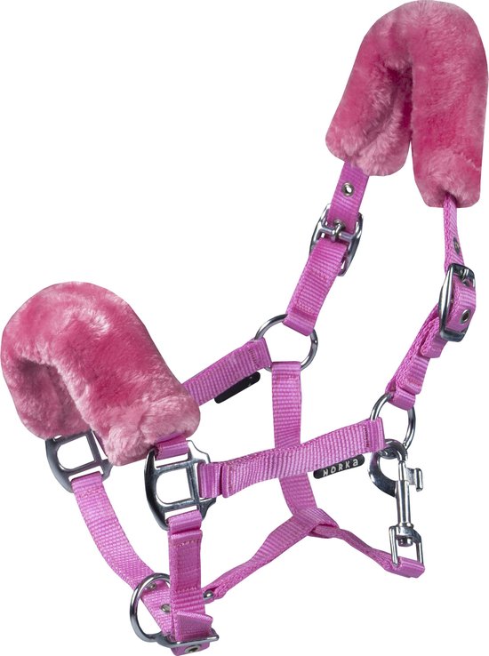 Roze halster met zilverkleurige gespen en imitatiebont, merk Horka.