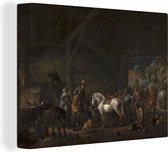Canvas Schilderij Het vertrek uit de stal - Schilderij van Philips Wouwerman - 80x60 cm - Wanddecoratie
