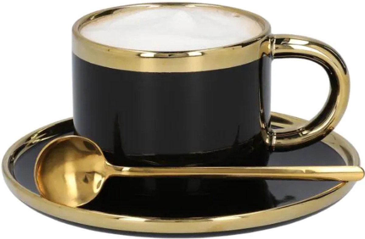 HOMLA Sinnes Koffiekop Porselein met Schotel & Lepel - Theemok Kop Koffieset - Vintage RVS 200ml Zwart & Goud