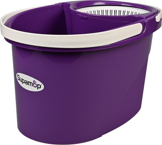 Seau Supa Mop violet avec poignées blanches et bordure blanche. Le seau possède une paroi de séparation.