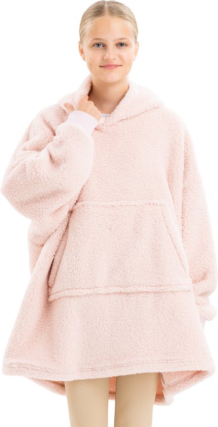 HOMELEVEL oversized fleece hoodie kinderen - Grote, zachte fleecetrui om in te relaxen - Voor jongens en meisjes - Lichtroze - XL
