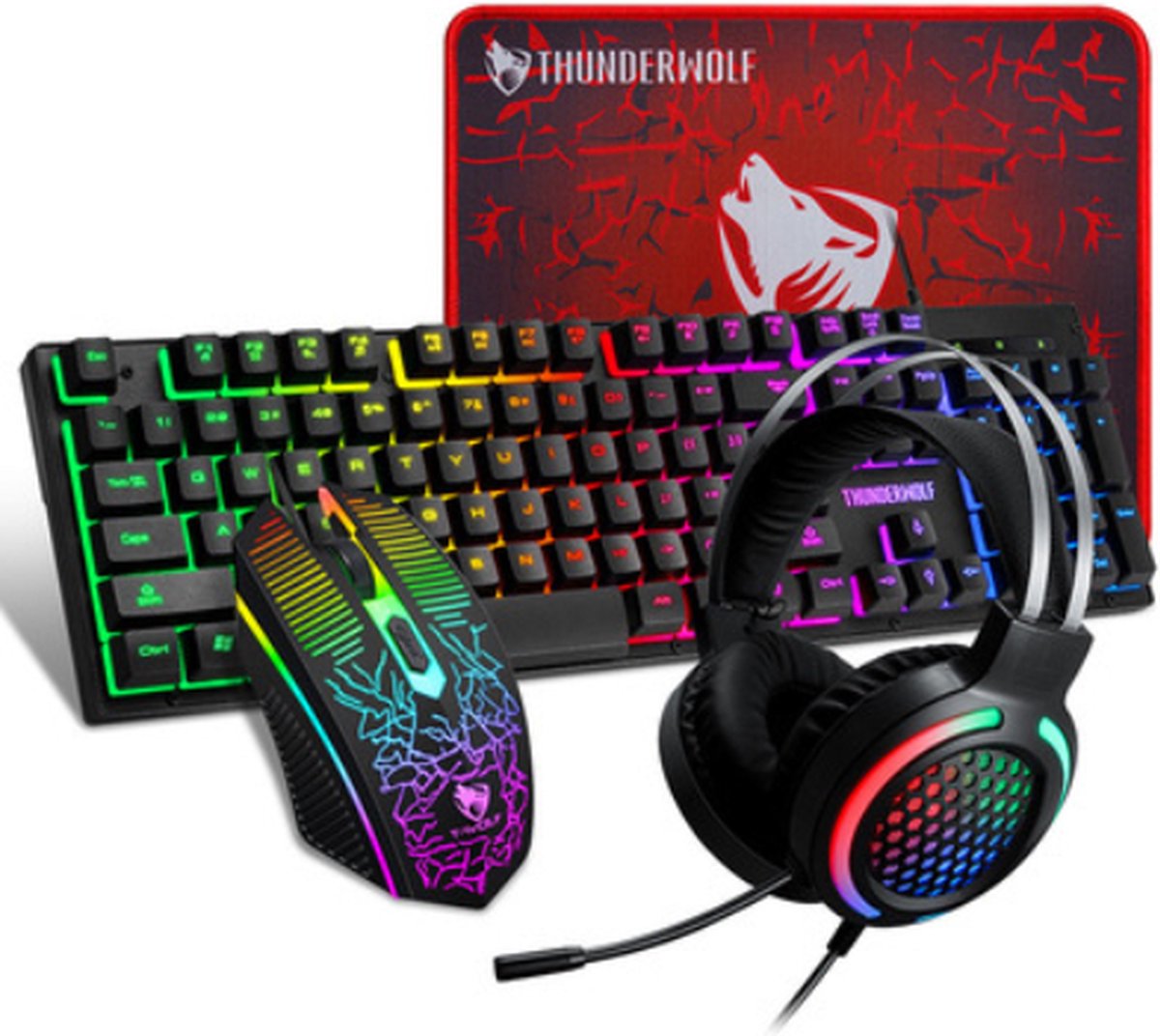 Thunderwolf Gaming Combo Set 4-in-1 - Gaming Toetsenbord - Gaming Muis - Gaming Headset & Muismat - RGB - Alleen voor PC!