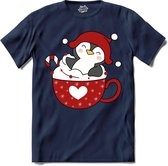 Hot choco pinguin kerst buddy - T-Shirt - Meisjes - Navy Blue - Maat 12 jaar