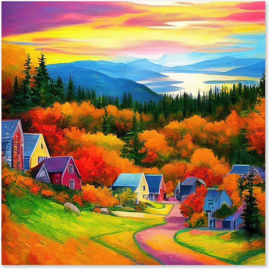 Graphic Message - Peinture sur Toile - Paysage Canada - Village Coloré - Montagnes