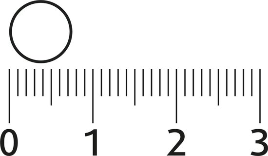 Een cirkel met een liniaal eronder. De cirkel is ongeveer 0,5 cm.
