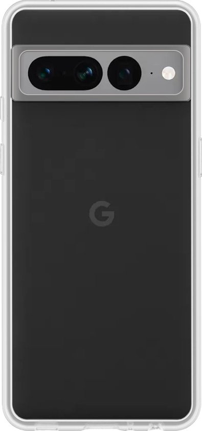 Transparante hoes met een matzwarte achterkant voor Google Pixel 7 Pro, met zilveren camerablok.