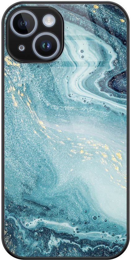 Coque de téléphone avec un motif marbre bleu et doré, avec découpe double caméra.