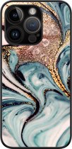 Leuke Telefoonhoesjes - Hoesje geschikt voor iPhone 14 Pro - Backcover zwart - Marmer - Blauw, Goud