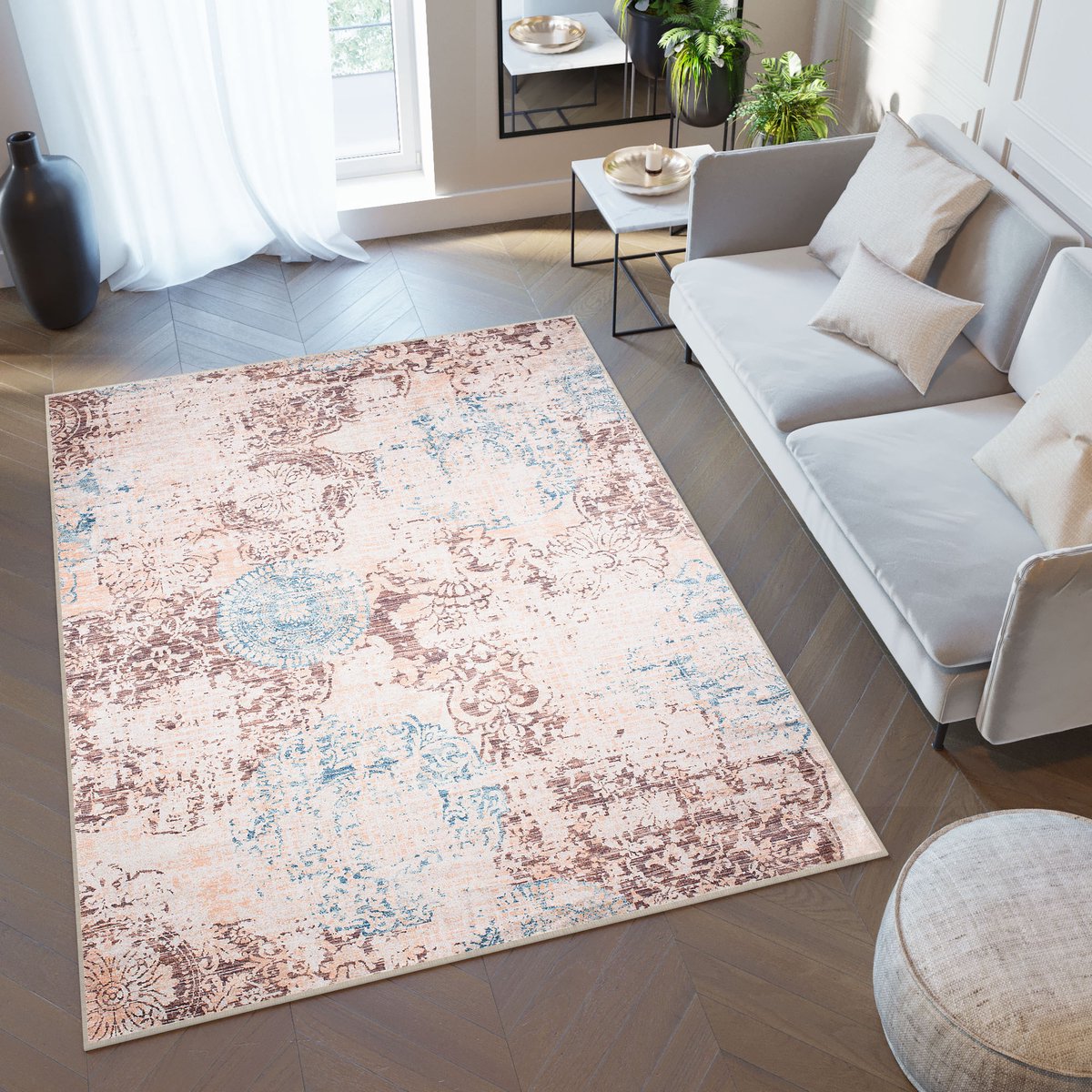 Tapiso Toscana Vloerkleed Vintage Blauw Beige Woonkamer Tapijt Maat- 160x230 Beige Blauw 2