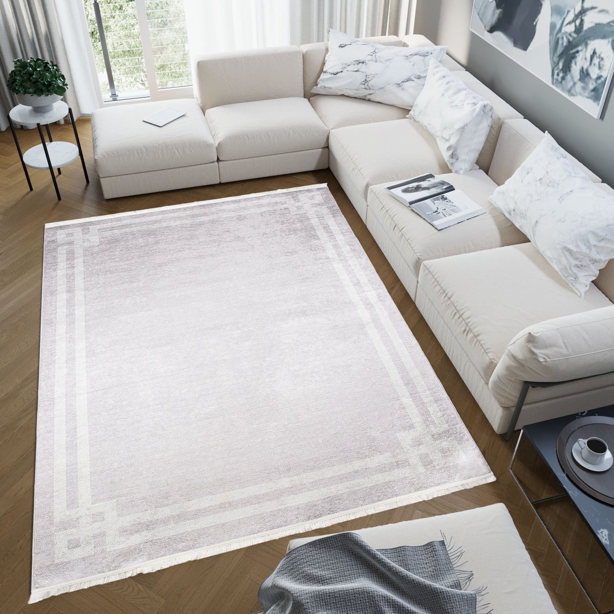 Tapiso Toscana Vloerkleed Kwastjes Licht Grijs Frame Tapijt Maat- 160x230