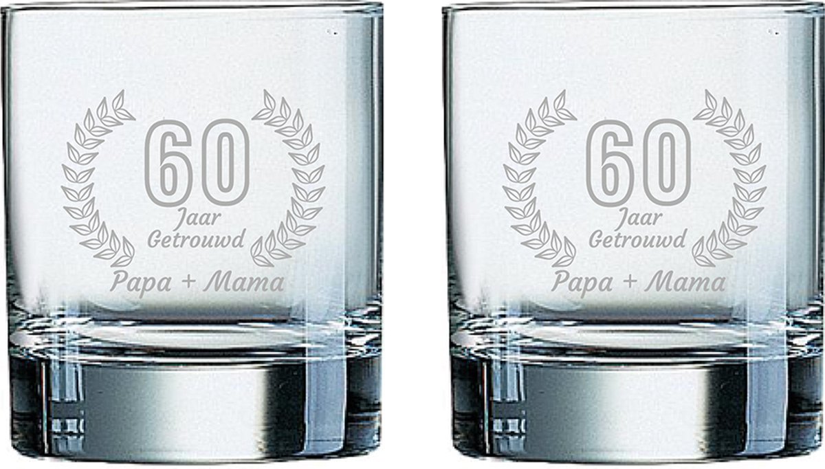 Gegraveerde set Whiskeyglazen 20cl Papa + Mama 60 jaar getrouwd